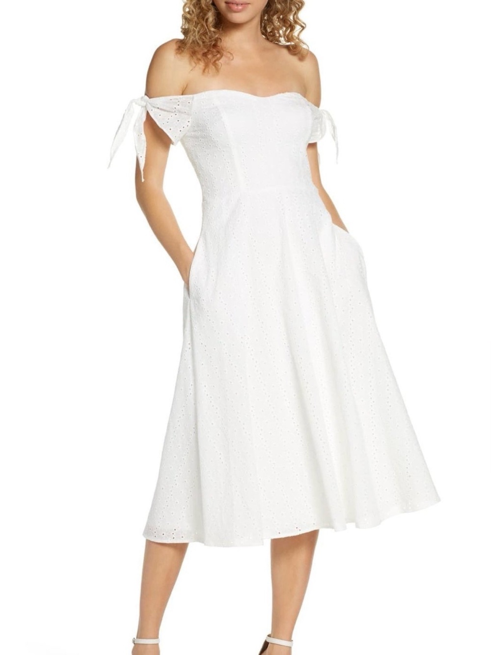 Avec Les Filles White Eyelet Off-Shoulder Midi Dress NWOT | Anthropologie